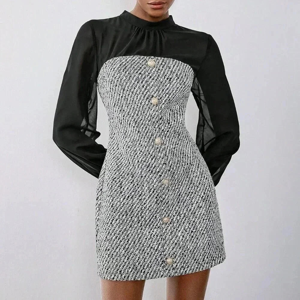 Black Elegant Women's Button Decor Chiffon Patchwork Lantern Sleeve Dress